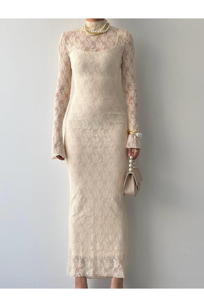 Romantic Lace Midi Dress - Beige