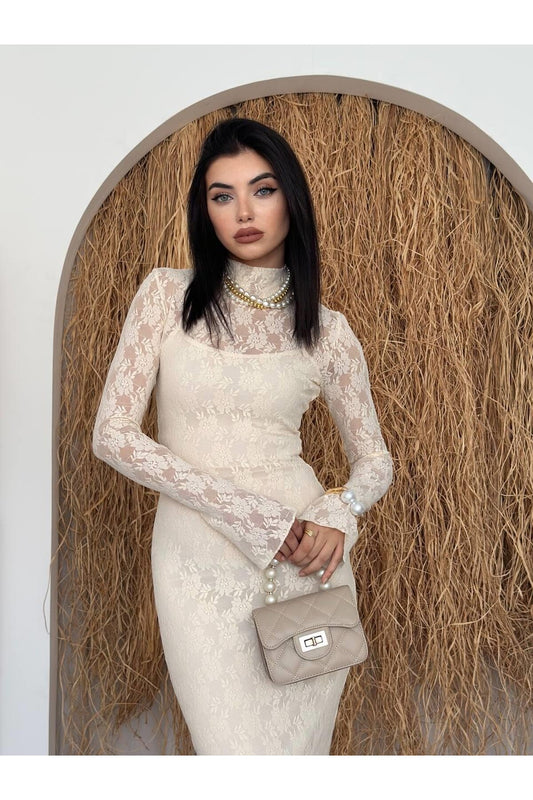 Romantic Lace Midi Dress - Beige