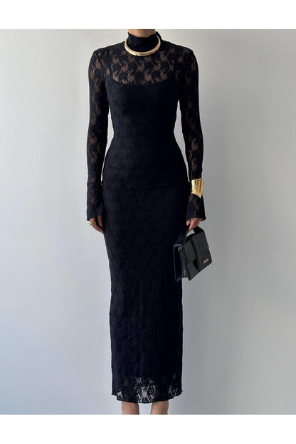 Romantic Lace Midi Dress - Black