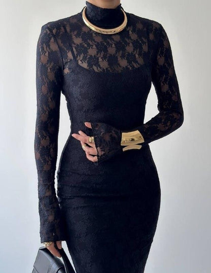 Romantic Lace Midi Dress - Black
