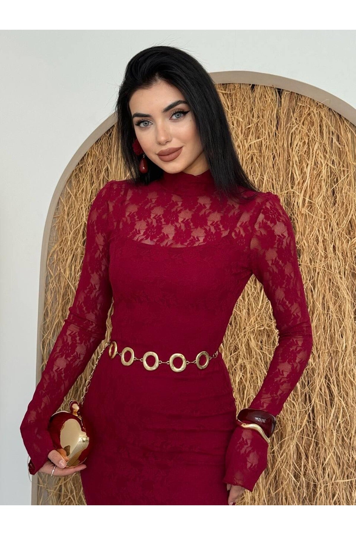 Romantic Lace Midi Dress - Burgundy