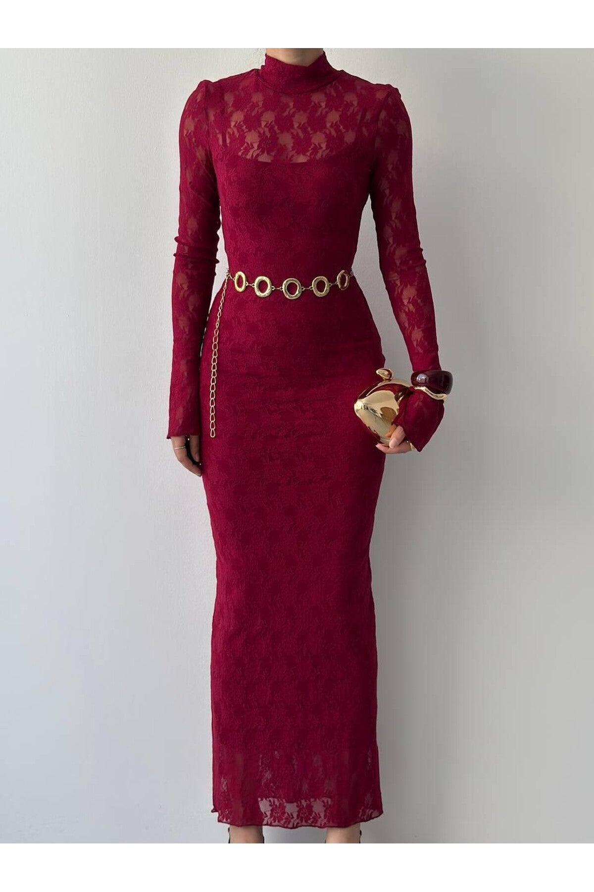 Romantic Lace Midi Dress - Burgundy