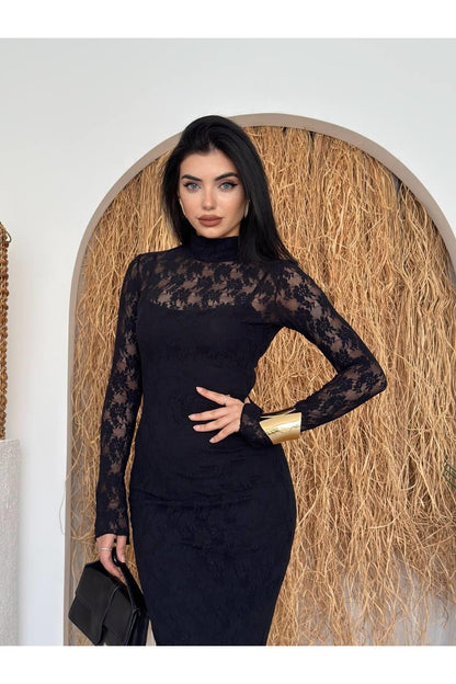 Romantic Lace Midi Dress - Black