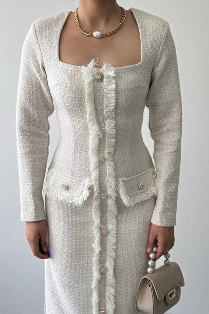 Fringed Tweed Midi Dress