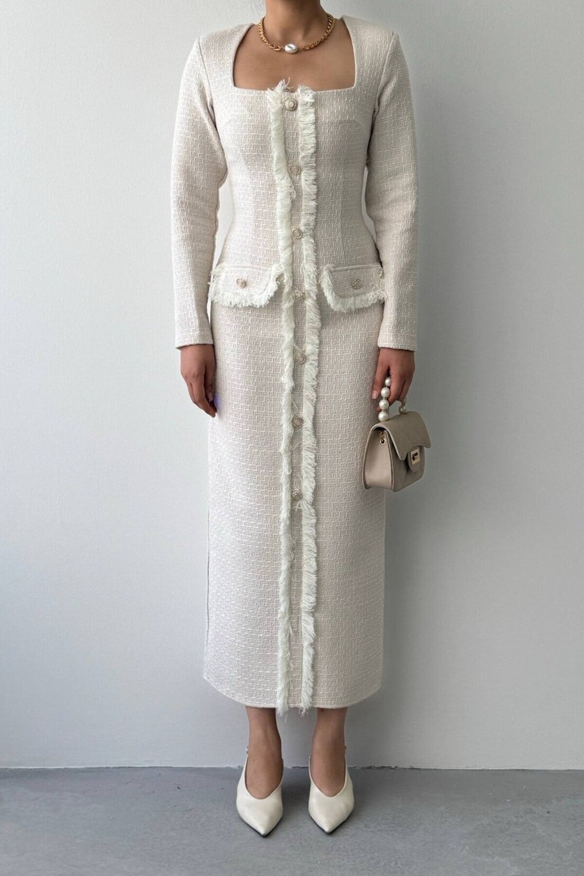 Fringed Tweed Midi Dress