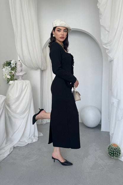 Fringed Tweed Midi Dress