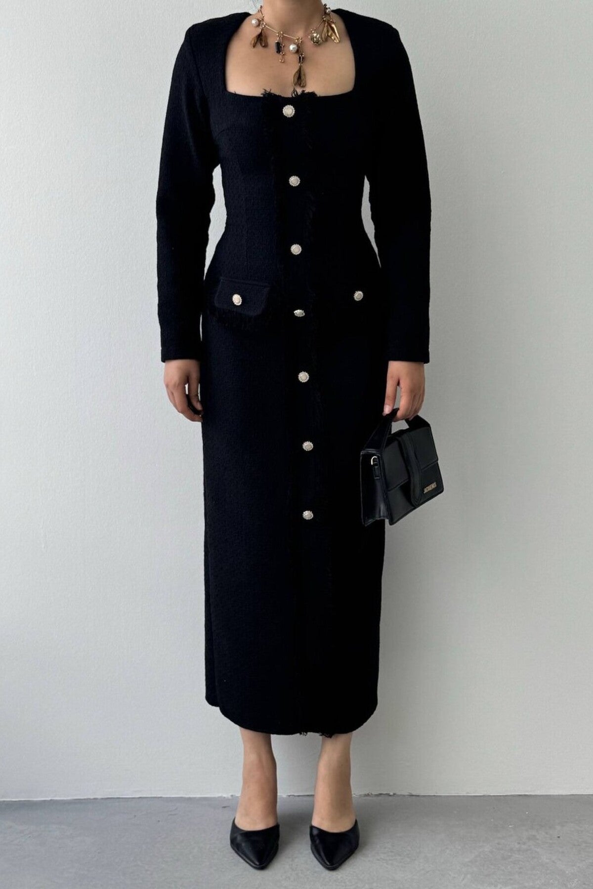 Fringed Tweed Midi Dress