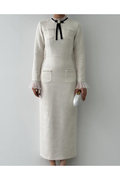 Tweed Midi Dress with Ribbon Collar