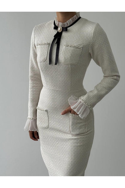 Tweed Midi Dress with Ribbon Collar
