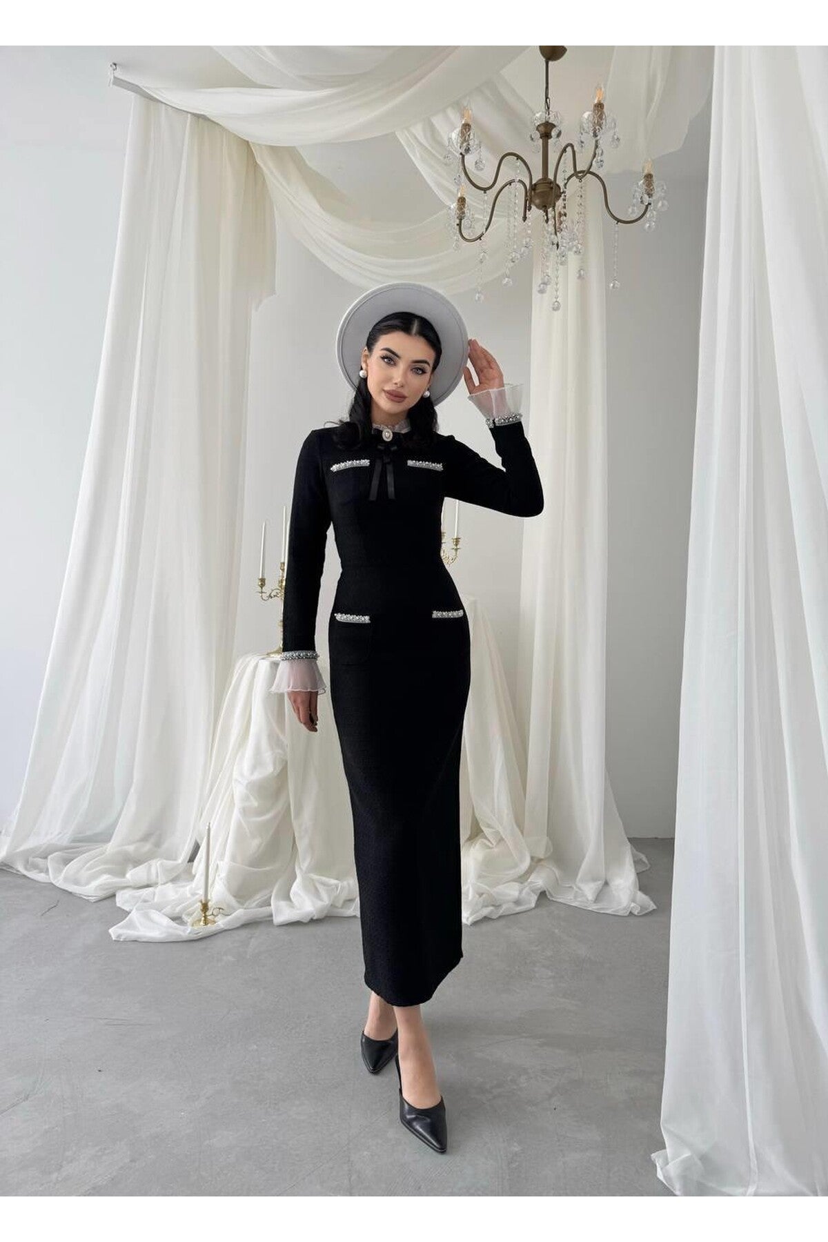 Tweed Midi Dress with Ribbon Collar