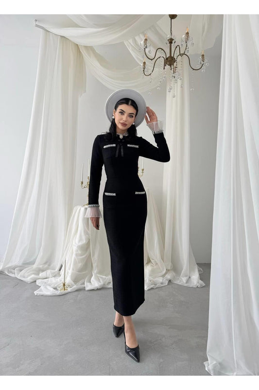 Tweed Midi Dress with Ribbon Collar