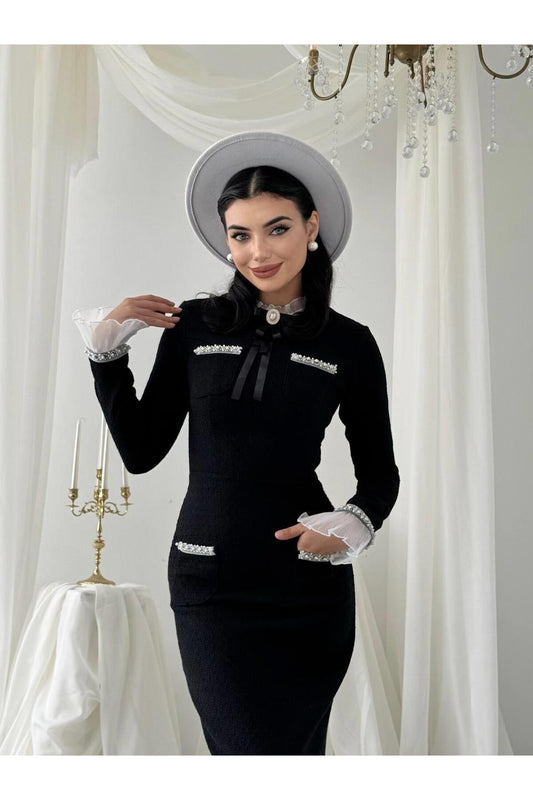 Tweed Midi Dress with Ribbon Collar