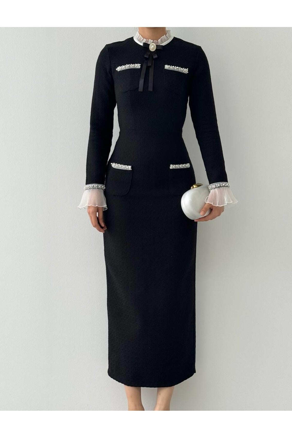 Tweed Midi Dress with Ribbon Collar