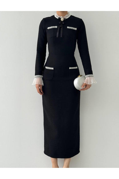 Tweed Midi Dress with Ribbon Collar