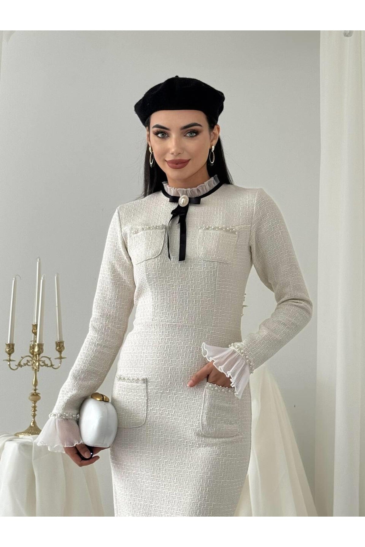 Tweed Midi Dress with Ribbon Collar