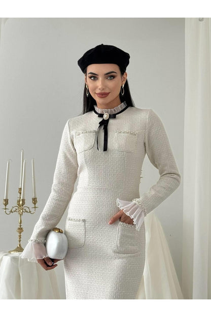 Tweed Midi Dress with Ribbon Collar