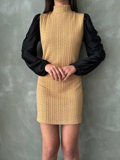 Faux Leather Sleeve Knit Dress