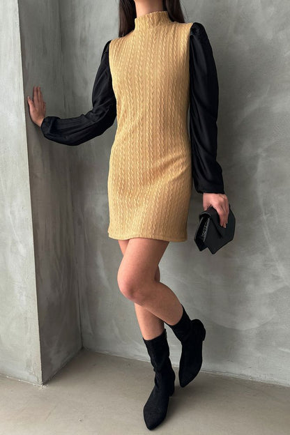 Faux Leather Sleeve Knit Dress