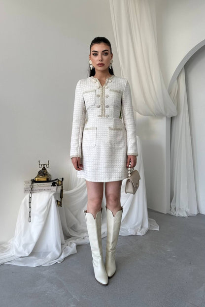 Gilded Trim Tweed Mini Dress