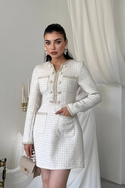 Gilded Trim Tweed Mini Dress