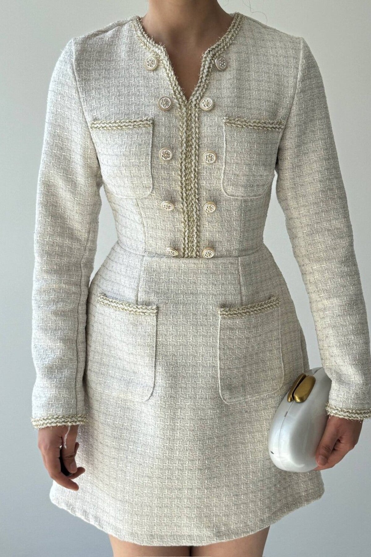 Gilded Trim Tweed Mini Dress