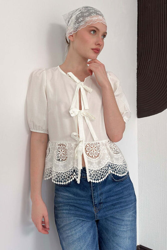 Tie-Front Broderie Blouse