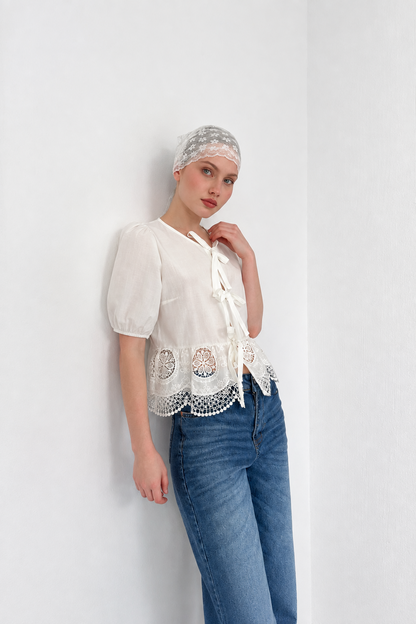 Tie-Front Broderie Blouse