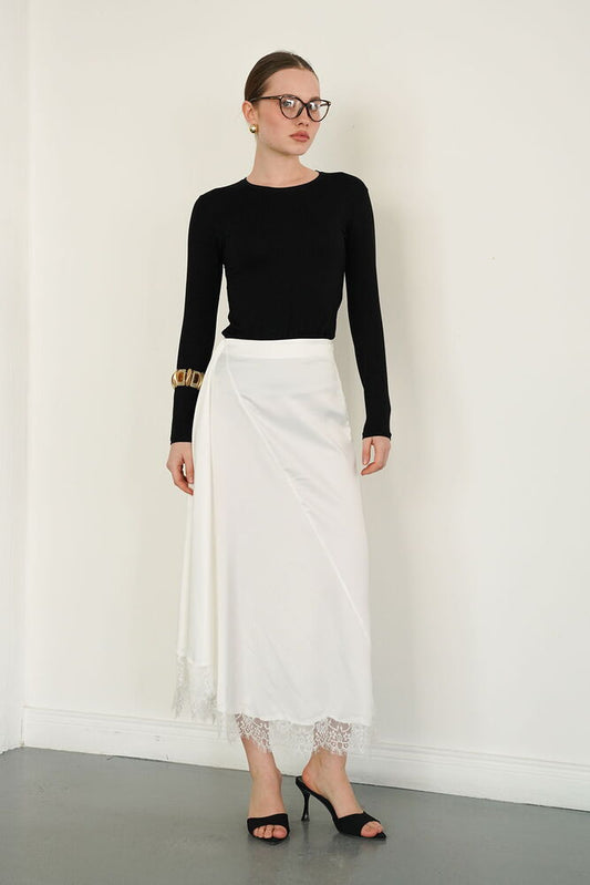 Lace-Trim Satin Slip Skirt