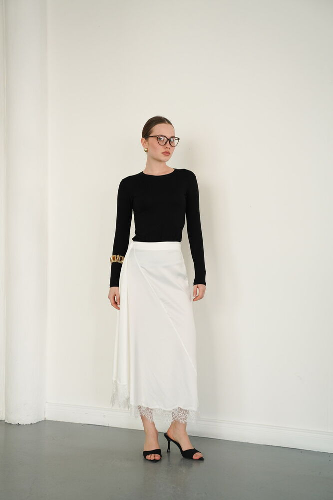 Lace-Trim Satin Slip Skirt