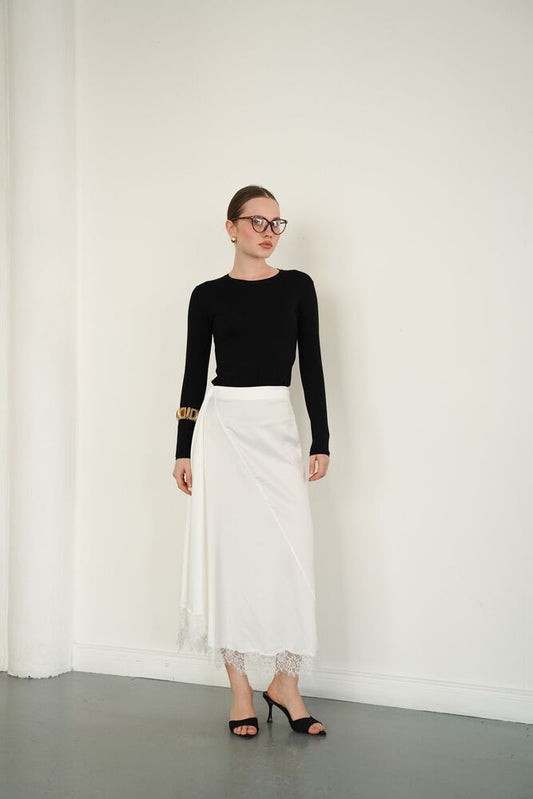 Lace-Trim Satin Slip Skirt
