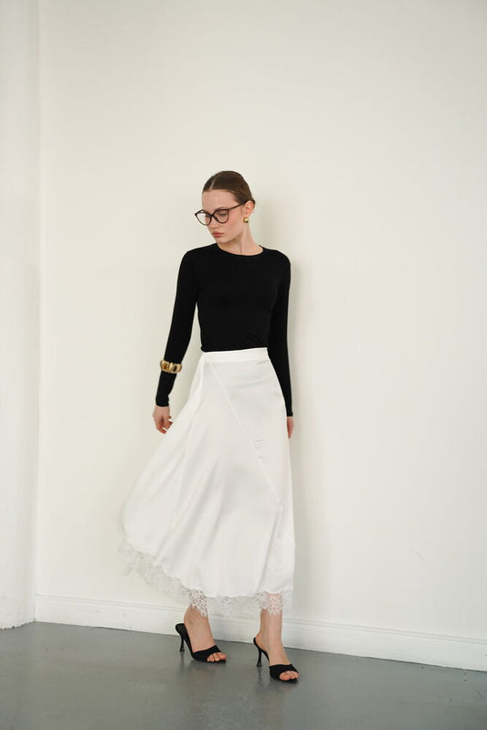 Lace-Trim Satin Slip Skirt