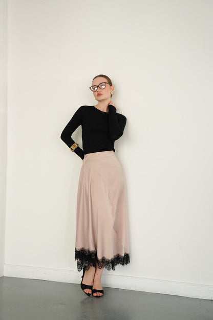 Lace-Trim Satin Slip Skirt