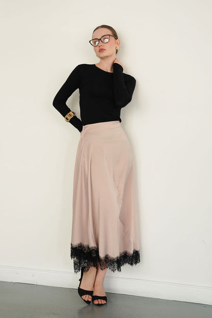 Lace-Trim Satin Slip Skirt