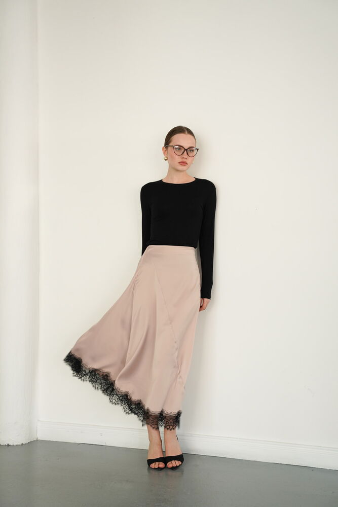 Lace-Trim Satin Slip Skirt