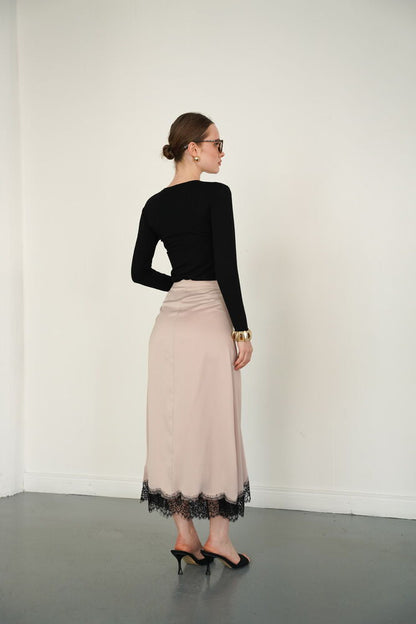 Lace-Trim Satin Slip Skirt
