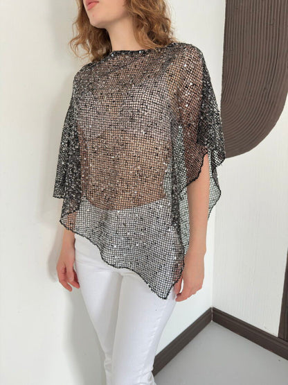 Asymmetric Sequin Mesh Top