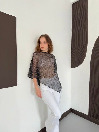 Asymmetric Sequin Mesh Top