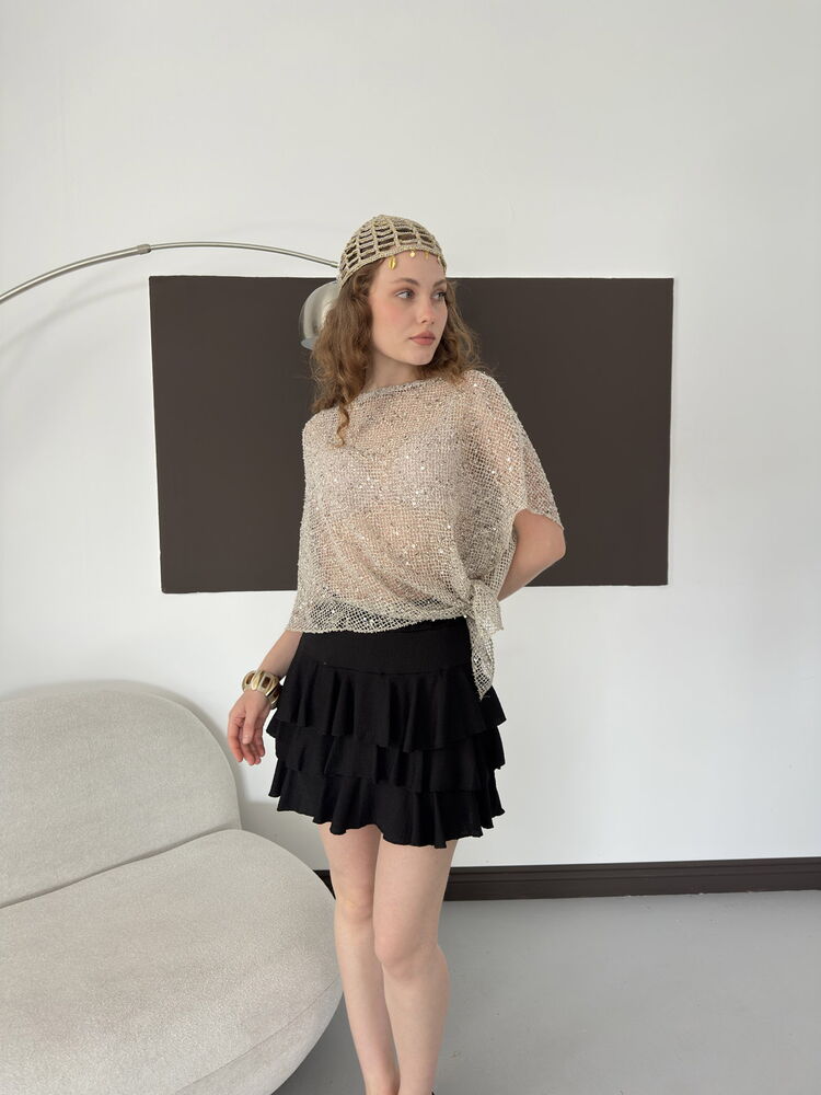 Asymmetric Sequin Mesh Top