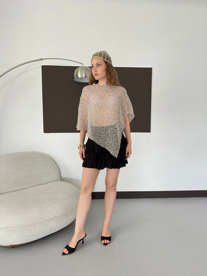 Asymmetric Sequin Mesh Top