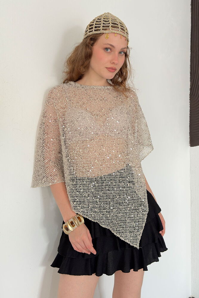 Asymmetric Sequin Mesh Top