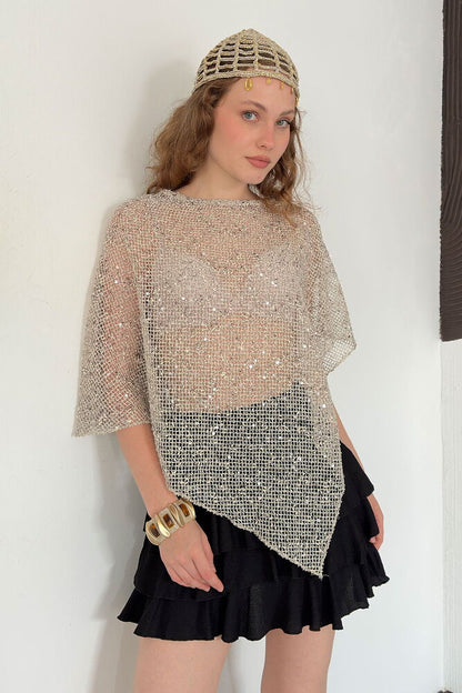 Asymmetric Sequin Mesh Top