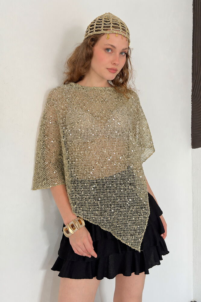 Asymmetric Sequin Mesh Top