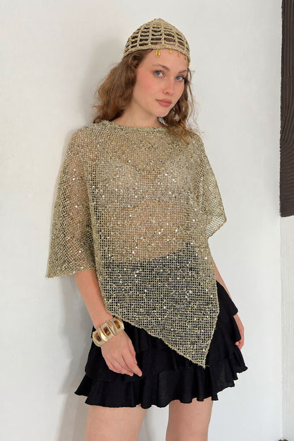 Asymmetric Sequin Mesh Top