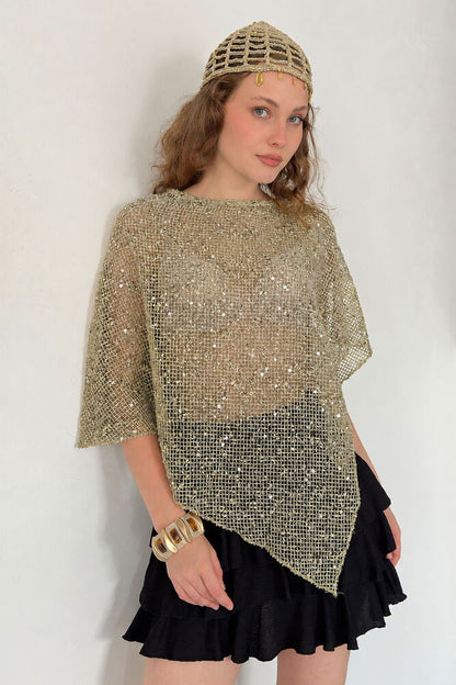 Asymmetric Sequin Mesh Top