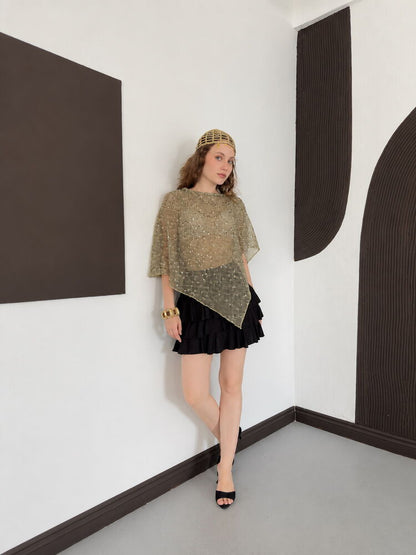 Asymmetric Sequin Mesh Top