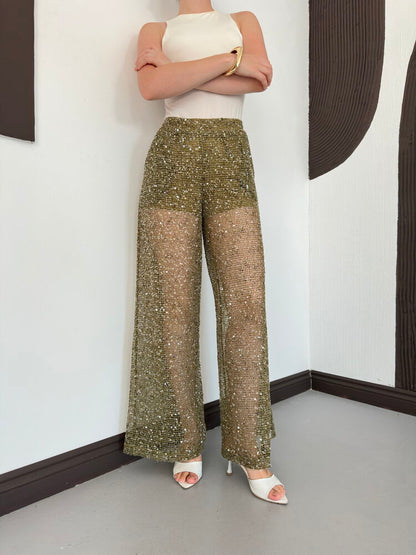 Sequin Mesh Wide-Leg Trousers - Khaki