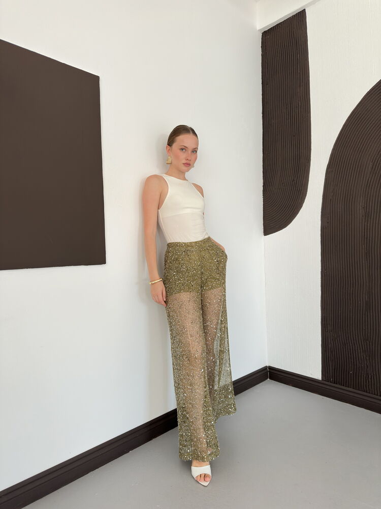 Sequin Mesh Wide-Leg Trousers - Khaki