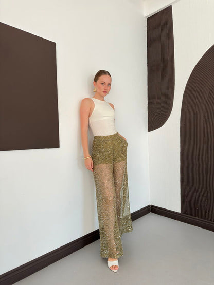 Sequin Mesh Wide-Leg Trousers - Khaki