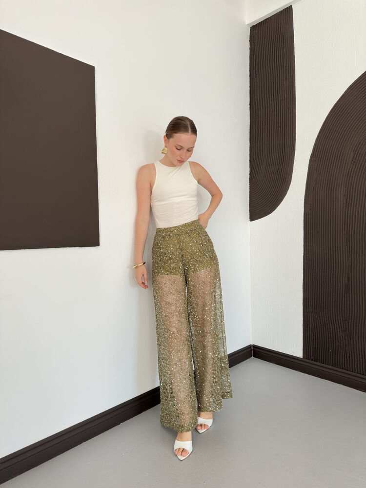 Sequin Mesh Wide-Leg Trousers - Khaki