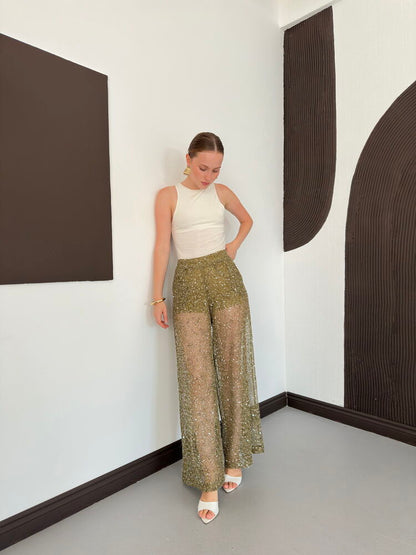 Sequin Mesh Wide-Leg Trousers - Khaki
